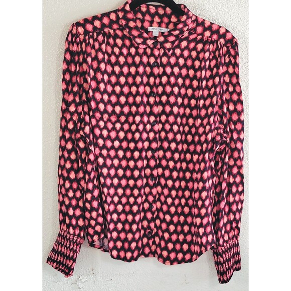 Chico's Tops - Chico’s Size 3 US 16 Pink Black Ikat Print Button Front Blouse Smocked Cuffs